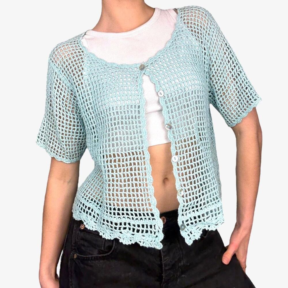 Blue crochet cardigan short sleeve cardigan vintage top